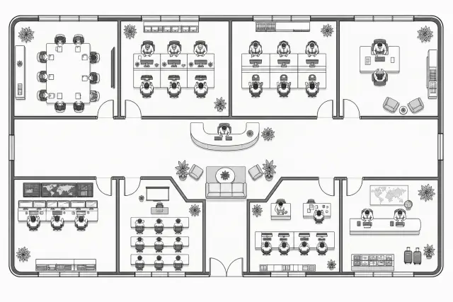 Top-down enterprise office floorplan with eight selectable industry rooms